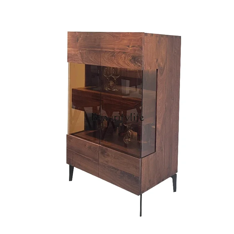 

Italian light luxury solid wood wine cabinet walnut color living room glass storage wall simple display cabinet