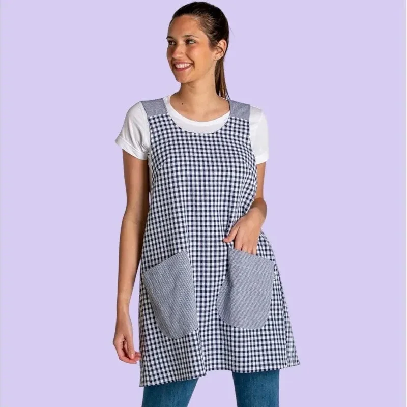 Women Big Pocket Oilproof Cooking Aprons U Neck Apron for Kitchen Waterproof Blue Grid Printing Vintage Womens'gardenin Apron