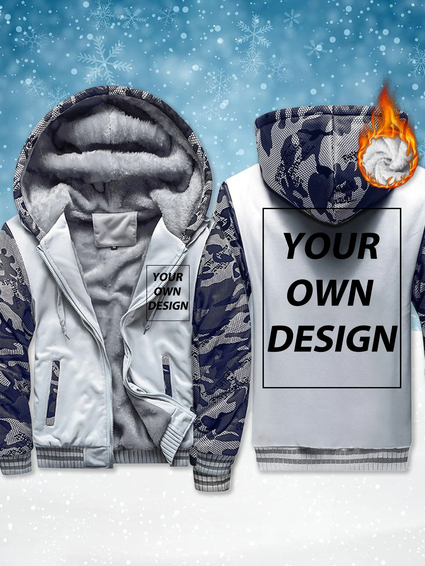 Customized Personalized Text Logo Men Zipper Pocket Coat Fashion Street Hoodie Casual Loose Jacket  Winter Thicken Warm Clothing