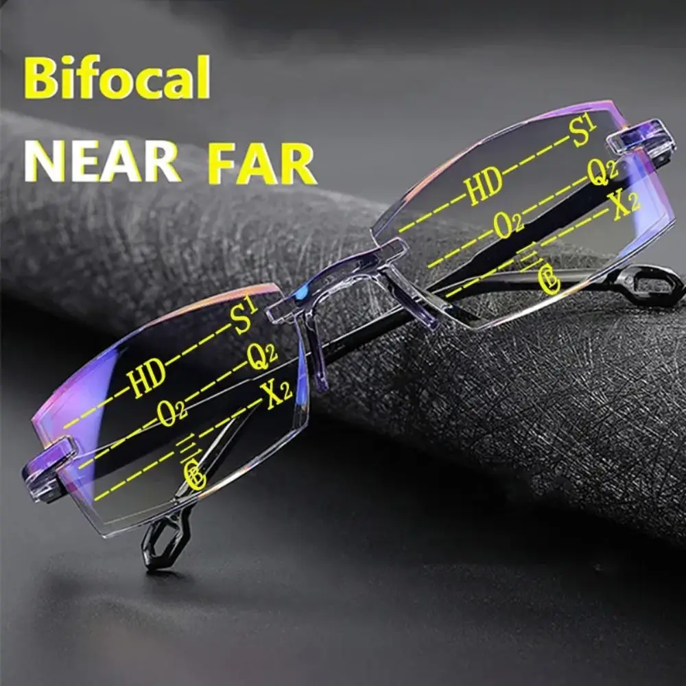PC Reading Glasses Strength: 1.0~4.0x Black+Blue Blue Light Blocking Glasses Diamond-cut Bifocal Multifocal