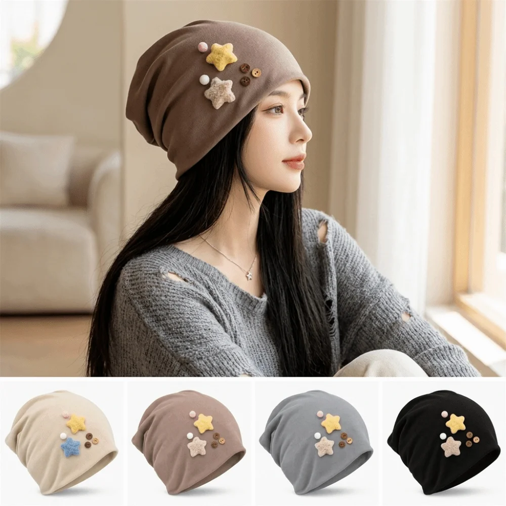 Durable Japanese Style Women's Beanie Star Detail Windproof Slouchy Beanie Face-Flattering Fit Warm Pull-On Hat Cold Weather