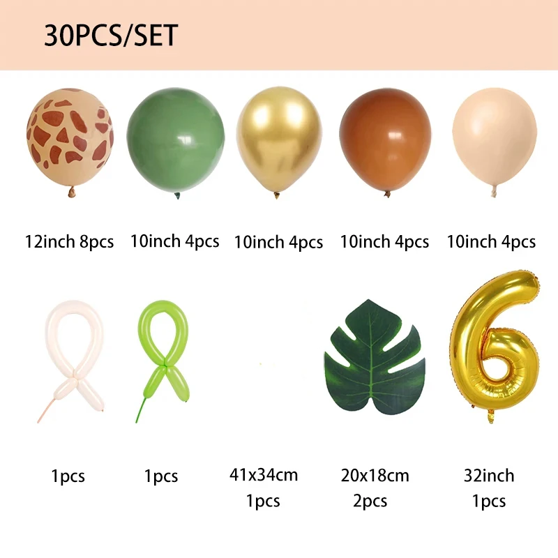 29pcs Jungle Safari Animal Girraffe Number Balloons Set Kids 1 2 3 Year Birthday Party Decorations Wild One Avocado Green Globos