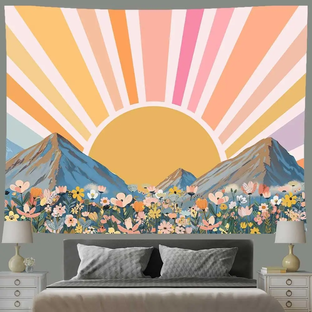 Boho Sun Tapestry Vintage 70s Rainbow Sunset Sunrise Wildflower Mountain Landscape Tapestries 80x60Inch Modern Mid Century
