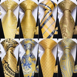 Mens amarelos gravatas de bolso quadrado conjunto de abotoaduras 100% laços de pescoço de seda para homens amarrar para festa de casamento formal dibangu famosa gravata