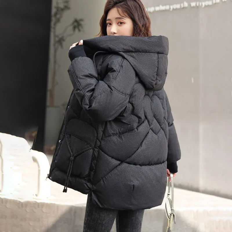 新しい冬の女性のダウンコットンジャケット、光るルーズフード付きパーカーコットン服アウターウェア女性の厚い暖かいパッド入りジャケット