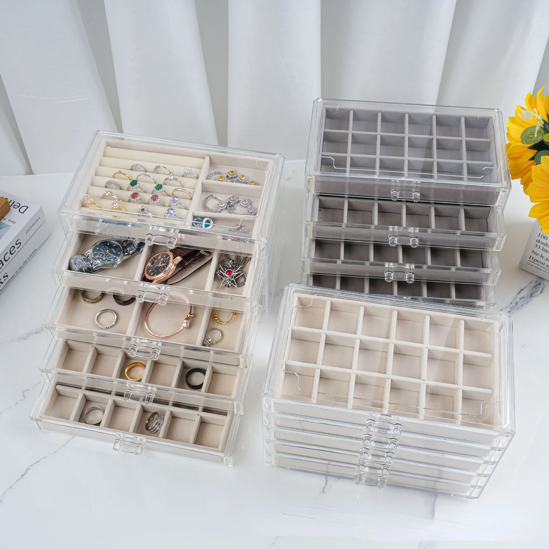 

Jewelry Organizer Box Transparent Display Case 5 Layer Earrings Necklace Ring Plastic Organizing Boxes Velvet Jewelry Tray Gifts