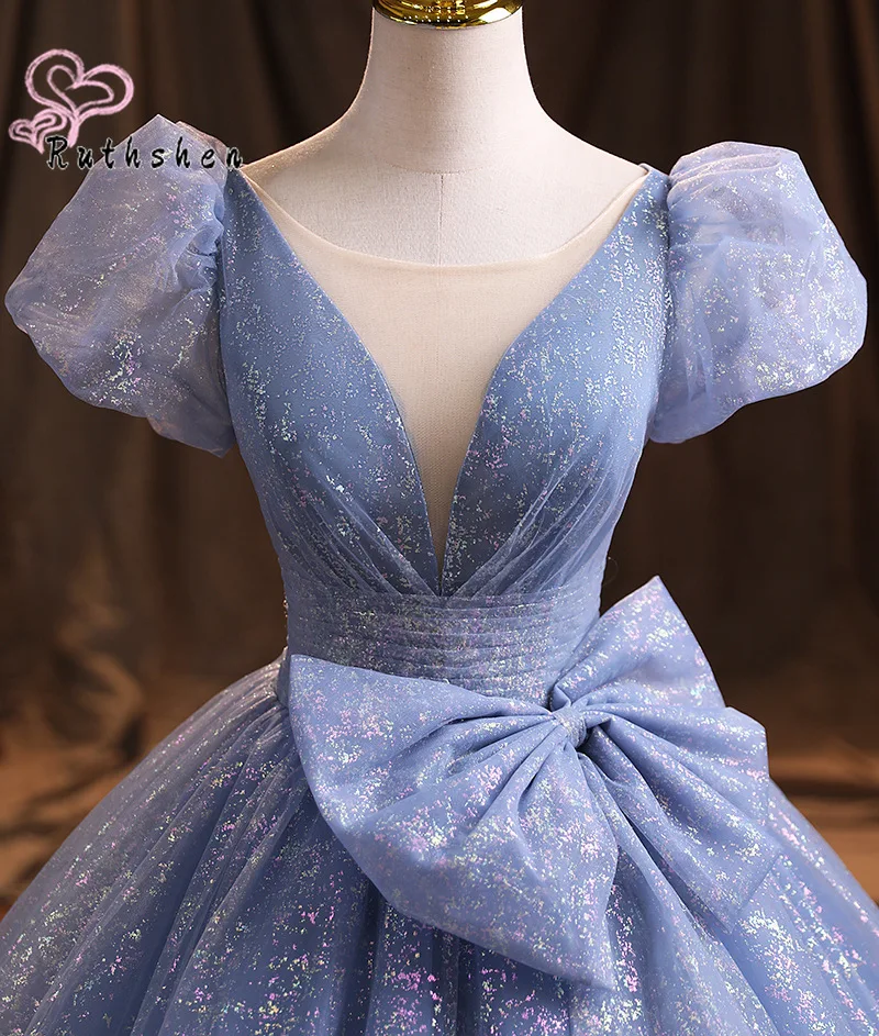 Vestido De baile De quinceañera para 15 años, nuevo Vestido azul ostentoso De baile, dulce dieciséis, manga corta, baile De graduación con lazo, 2022