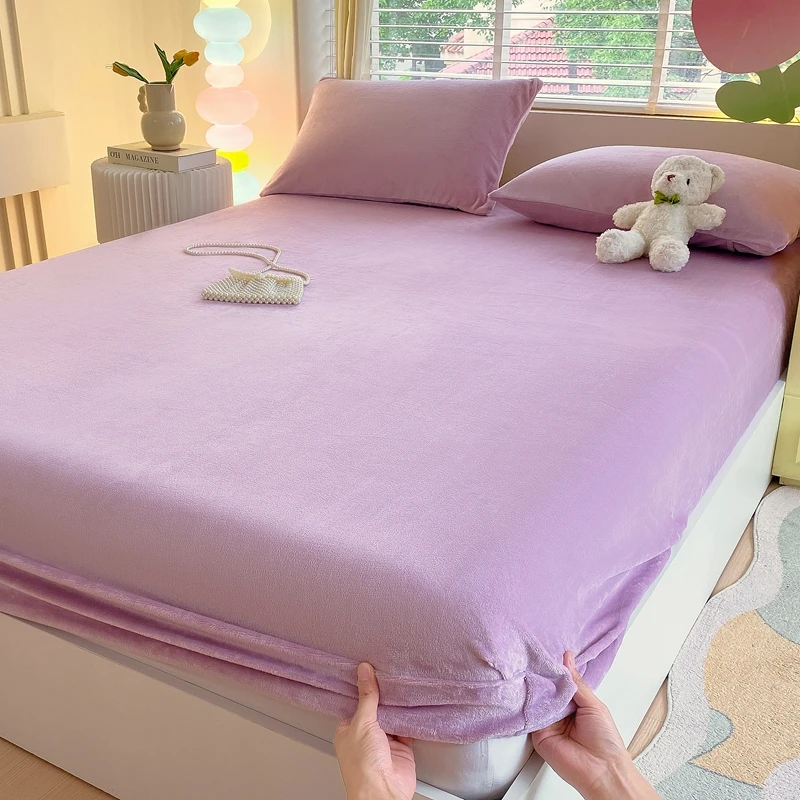

WASART Warm coral fleece fitted sheet elastic mattress cover winter fluffy plush bed linens single double bed king size 150x200