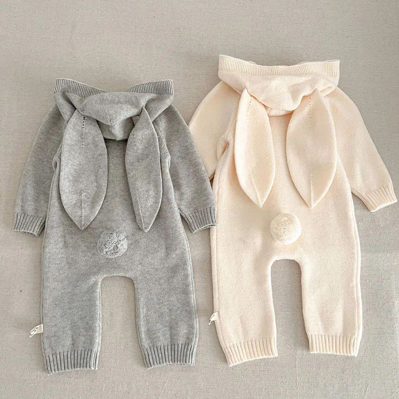 

Autumn Winter Newborn Baby Boys Girl Knitted Jumpsuit Solid Color Knitting Hooded Infant Baby Bodysuits Children Knitted Clothes