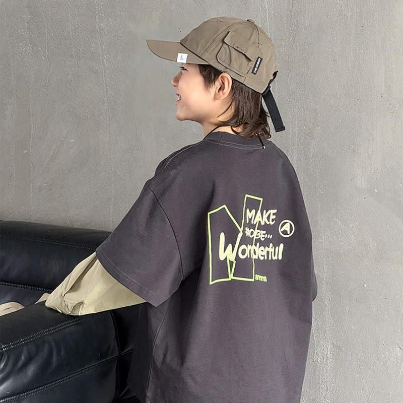 New Autumn Fake Two Pieces Children Cotton Sweatshirt for Boy Casual Long Sleeve Tee Tops Fashion Kids Wear Age 5 to 14 Years