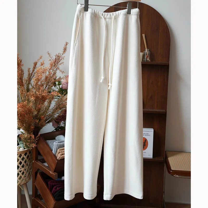 Women Vintage Wool High Elastic Waist Wide Leg Pants Fashion Warm Twill Casual Lace Up Straight Trousers High Quality Autumn New