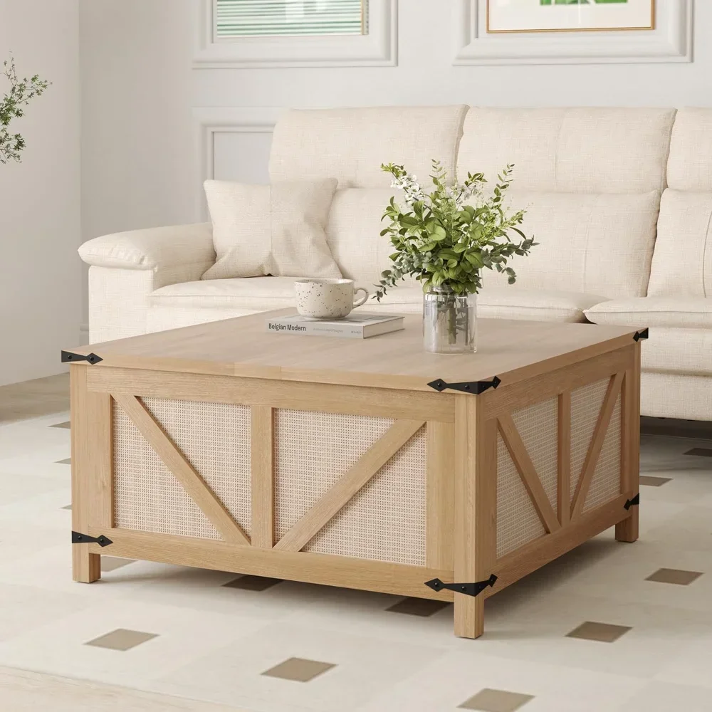 Square Rattan Lift Top Coffee Table with Large Hidden Storage Farmhouse Style Center Table for Living Room And Home Office,Custo