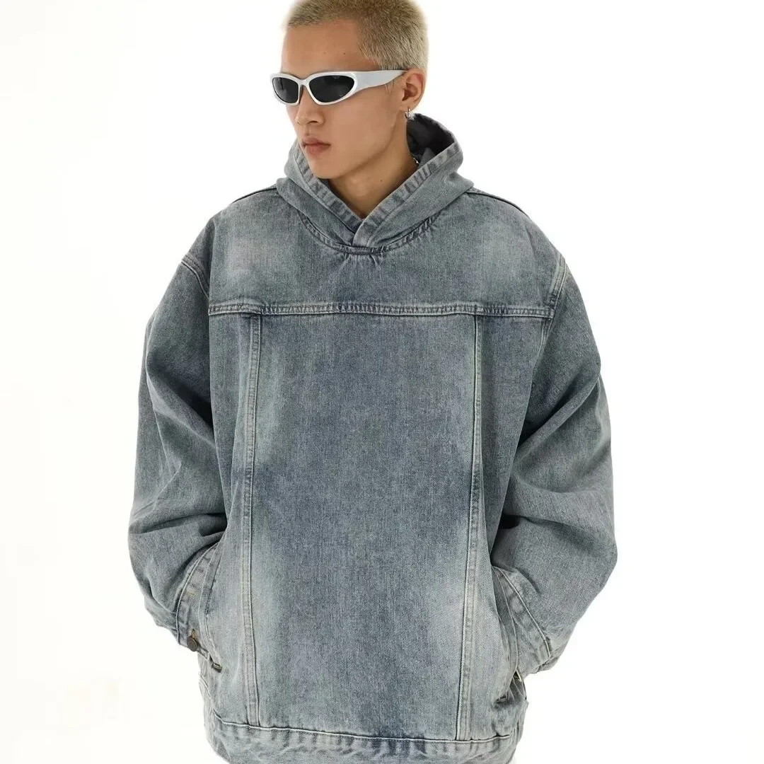 Distressed Washing Hooded Denim Sweatshirt Unisex Autumn Vintage Street Style Loose Fit Couple Jacket Clothing Men Women