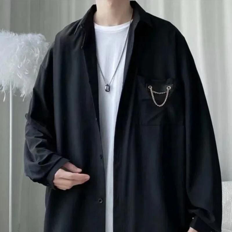 Korean Design Chain Men's 2024 Spring and Autumn Splicing Square Collar Button Pocket Fashion Loose Casual Long Sleeved Shirts