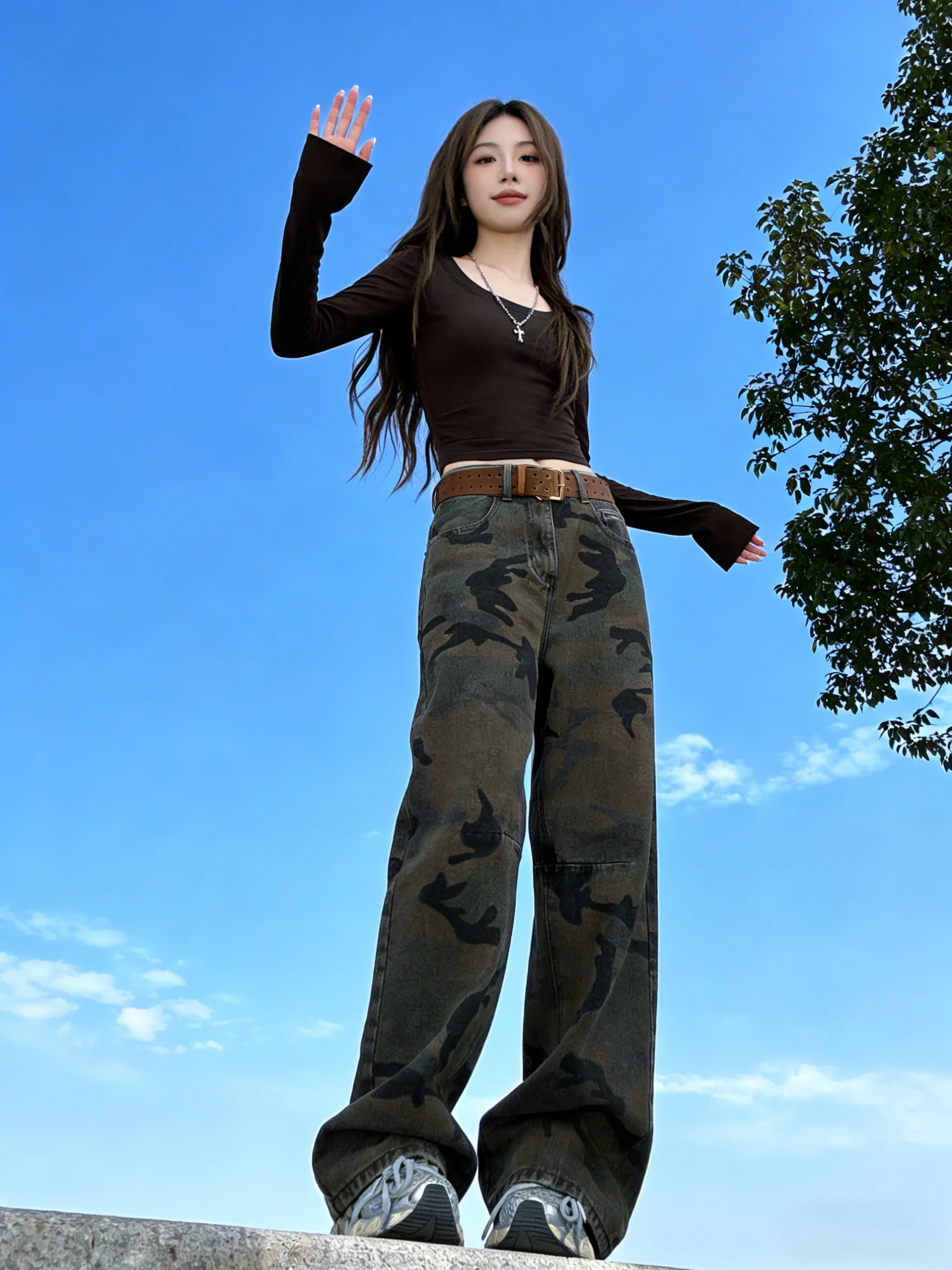 

American Retro Camouflage Workwear Jeans Women's Loose Straight Leg Floor-Length Pants High Waist Cargo Trousers