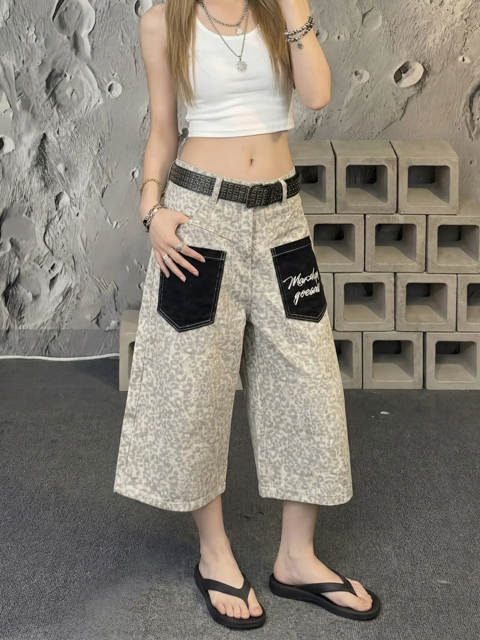 

American Style Vintage Leopard Print Seven-Foot Denim Shorts Women's Summer New Loose Matching Pocket Splicing Jeans