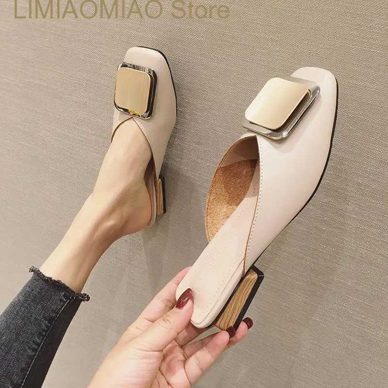 New Fashion Designer Women Slippers Slip on Mules Heel Casual Shoes British Buckle Slides Wooden Block Heels Summer Footwear