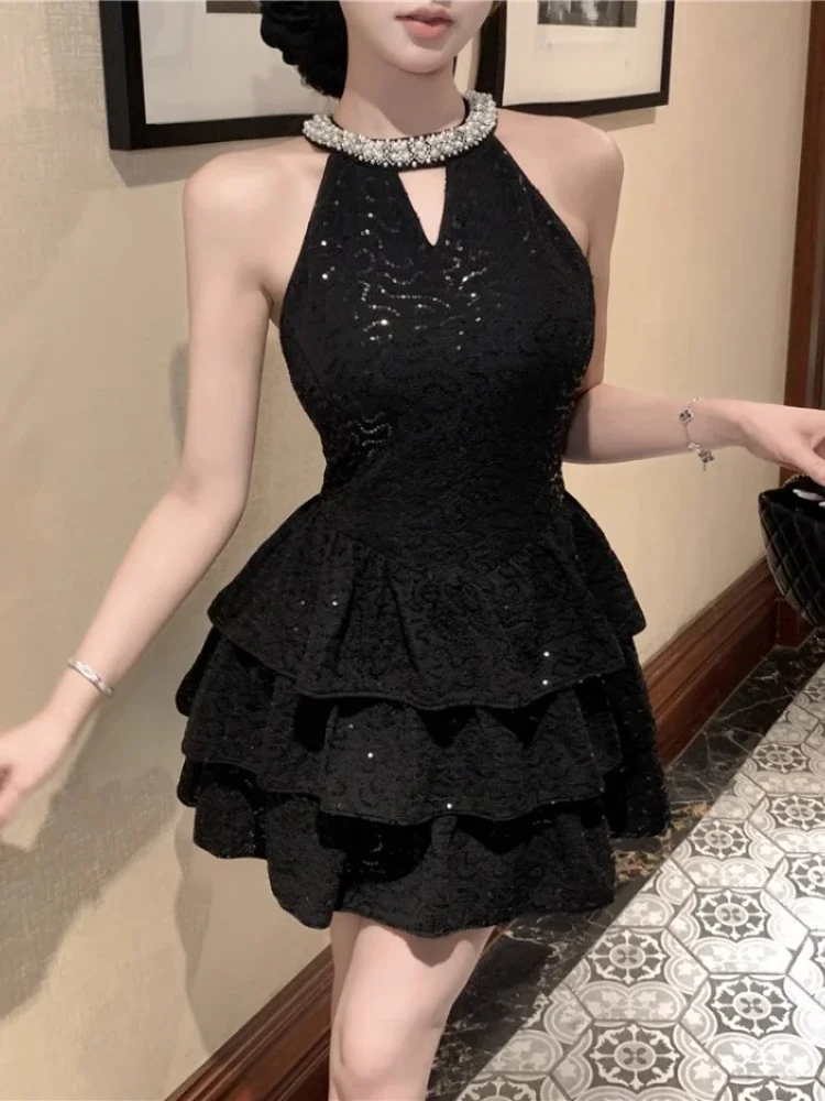 Ezgaga Woman Dress Sleeveless Sequins Rhinestone Halter Hollow Out Slim Ruffles Bowknot Vintage Elegant Mini Dresses Sexy Ladies