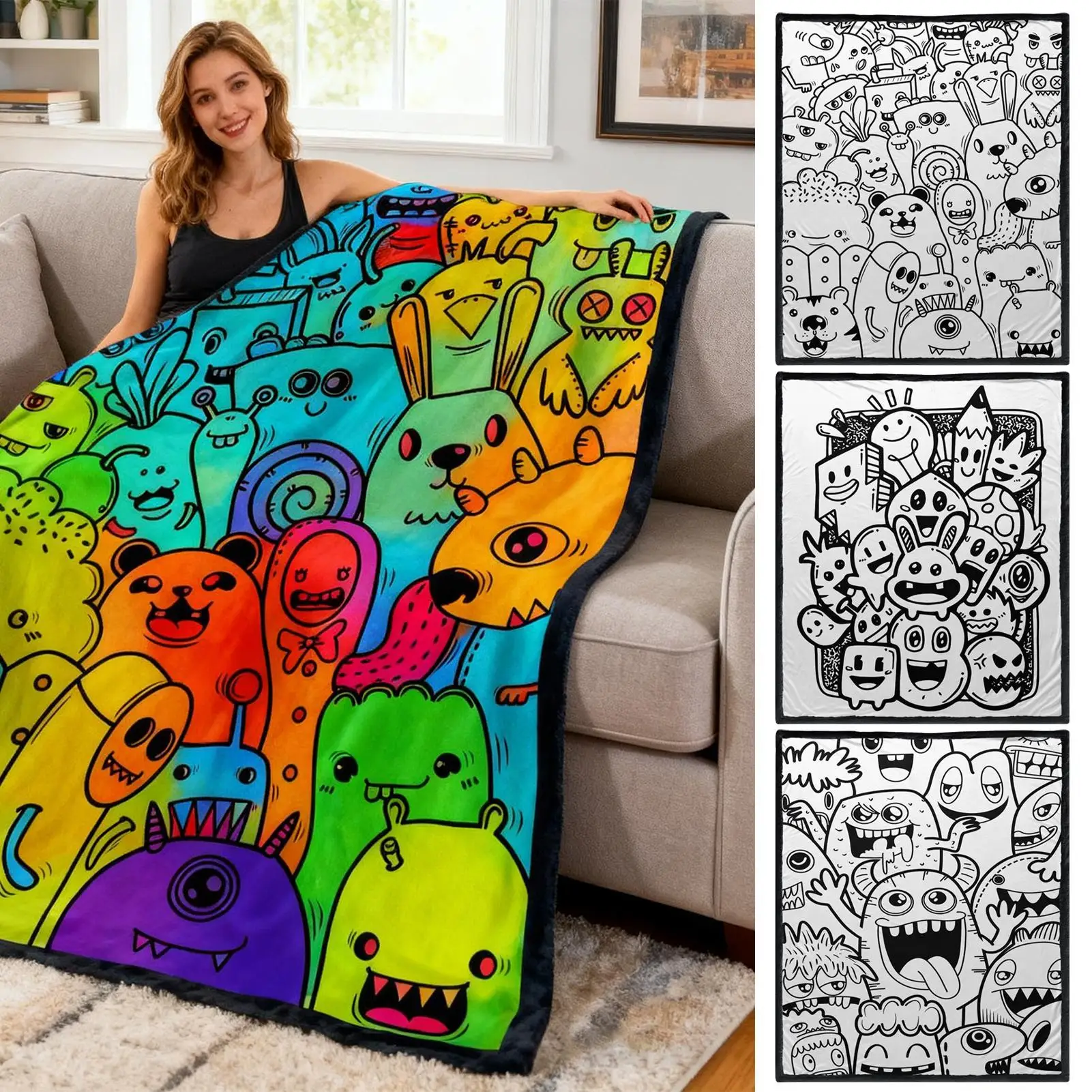 Giant 59x50 Inch Coloring Fleece Blanket Washable Warm Throw Quilt Reusable Activity Mat Gift for Family Kids Adults Birthday