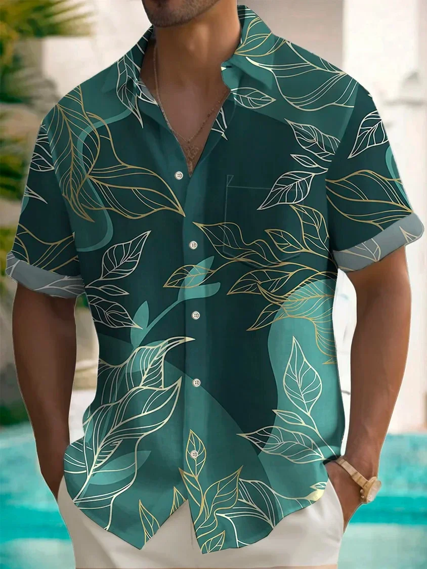 2026 Hawaiian Botanical Gold Leaf Print Men's Button Shirt Summer Turndown Short Sleeve Fashion Street