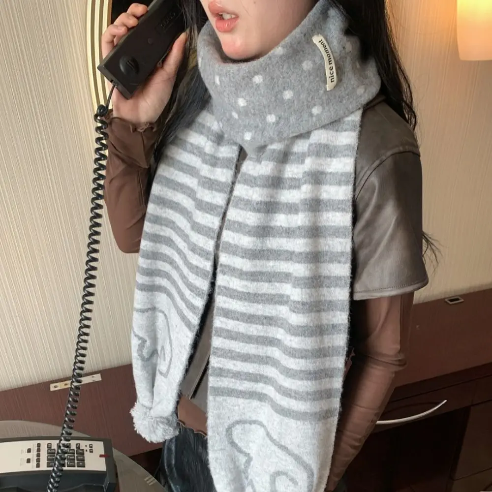 ผ้าพันคอไหมพรมลายทางแฟชั่นฤดูใบไม้ร่วงฤดูหนาว สไตล์เกาหลี Y2K ผ้าพันคอผู้หญิงลายจุด อุ่นคอ ของขวัญ