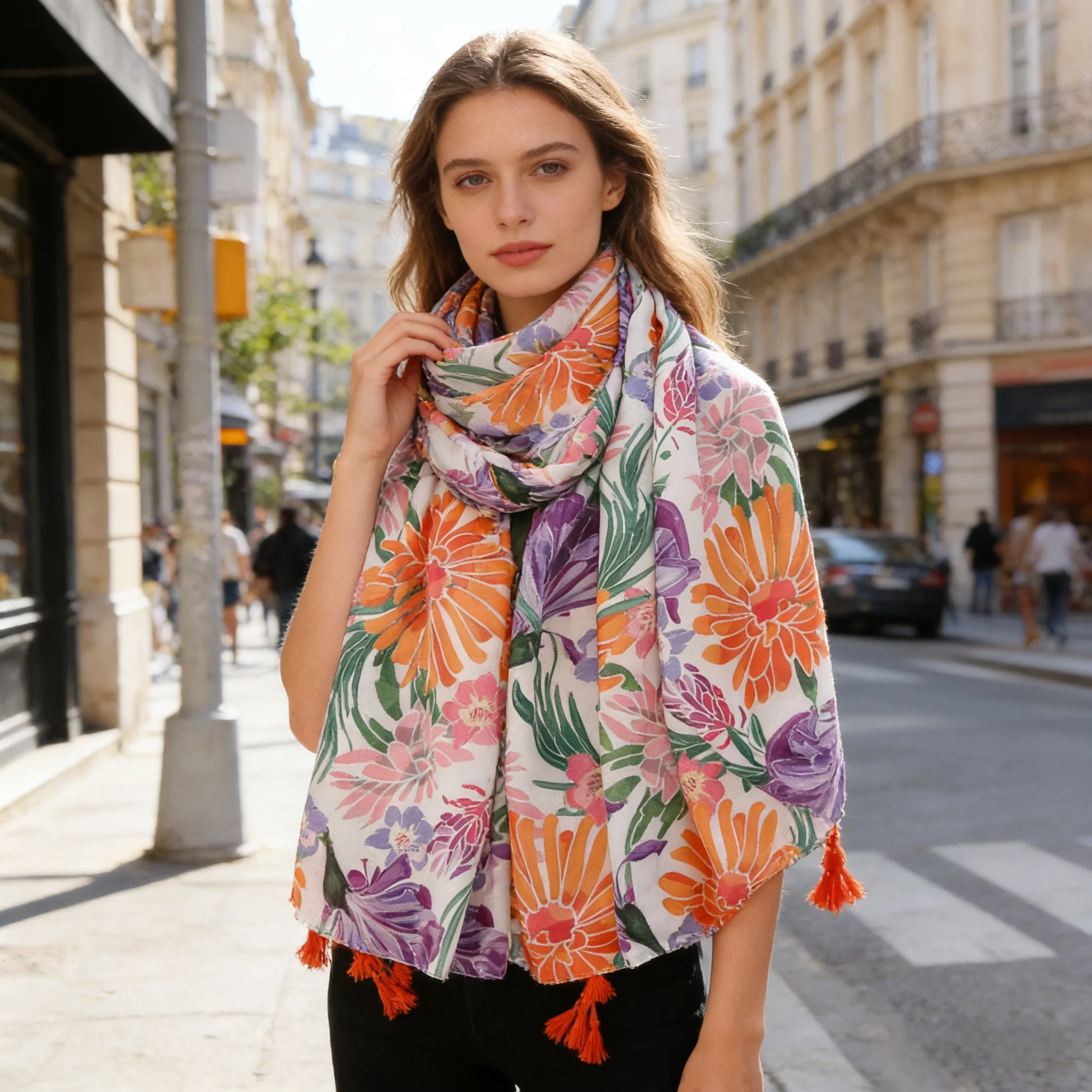 Women's Colorful Large Floral Print Scarf Polyester Soft Skin-friendly Long Shawl 88x180cm Orange Tassel Decorated Neck Scarf Tr
