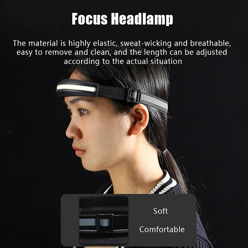 COB Headlamp Flashlight USB Rechargeable Headlight with Built-in Battery Work Torch Outdoor Running Head Light for Camping