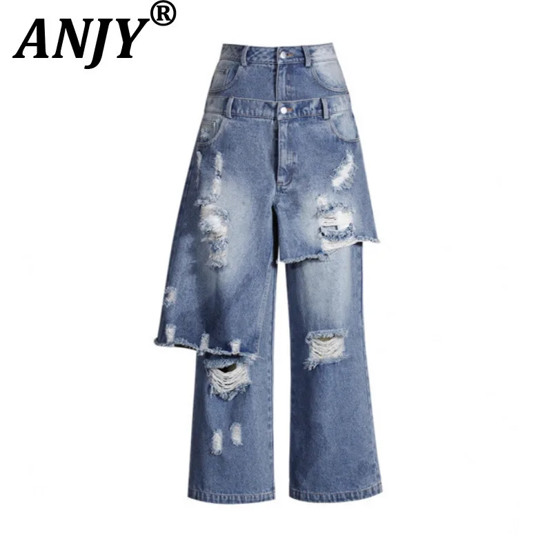 ANJY 2026 Spring New Women Fashion Niche Fake Two-Piece Chc Ripped Tide Jeans Streetwear Trend Straight Denim Skirt Pants A17313