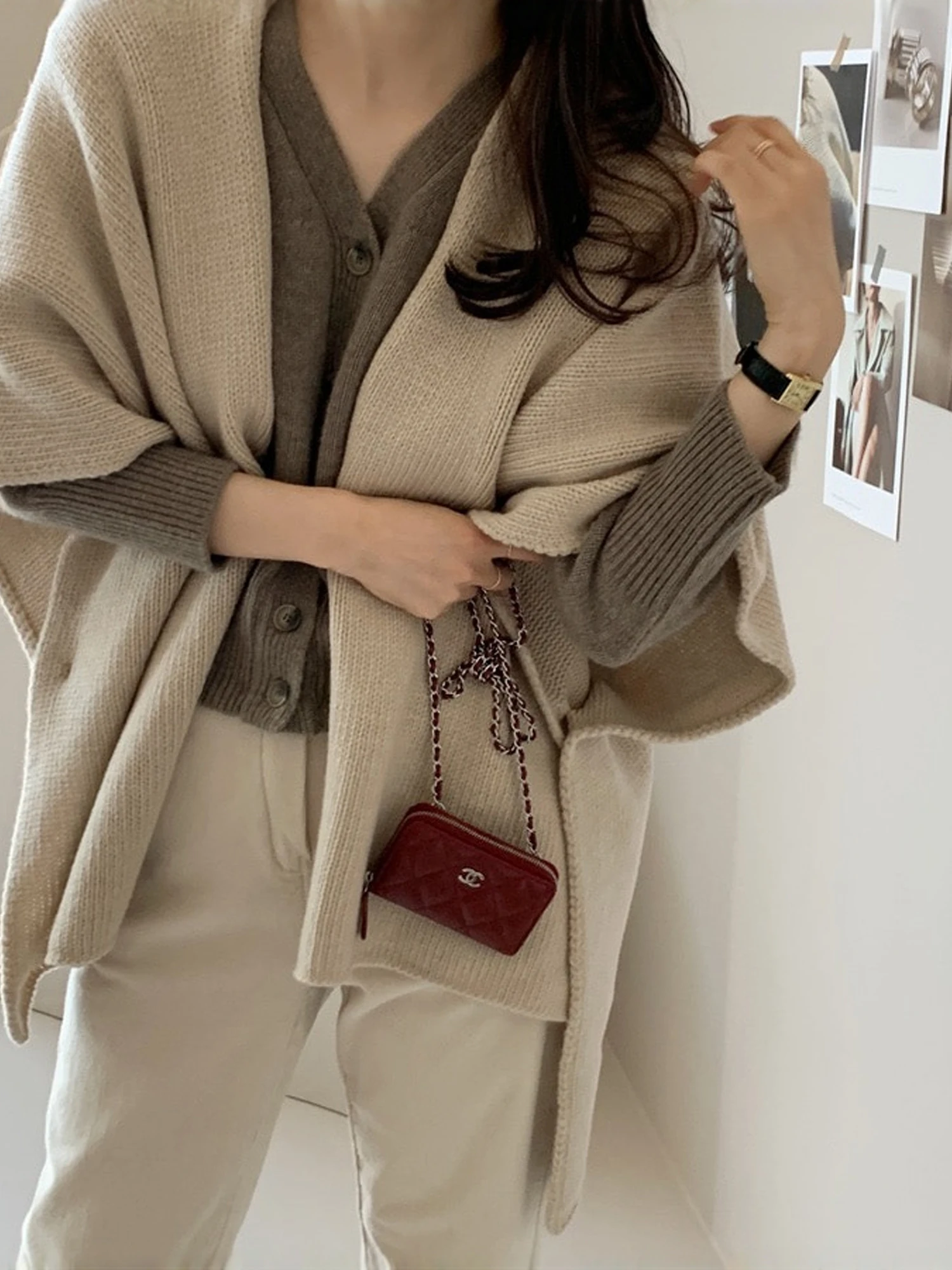 Autumn Winter Thickened Warm Pure Color Knitted Shoulder Wrap Women's Outerwear Cowl Neck Air Conditioned Room Outdoor Coat