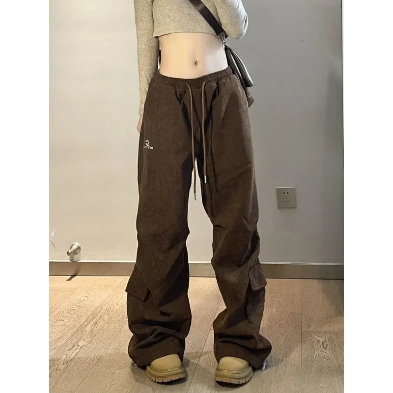 QWEEK Y2k Vintage Corduroy Cargo Pants Women Parachute Baggy Oversize Sweatpants Korean Fashion Sports Causal Trousers Aesthetic