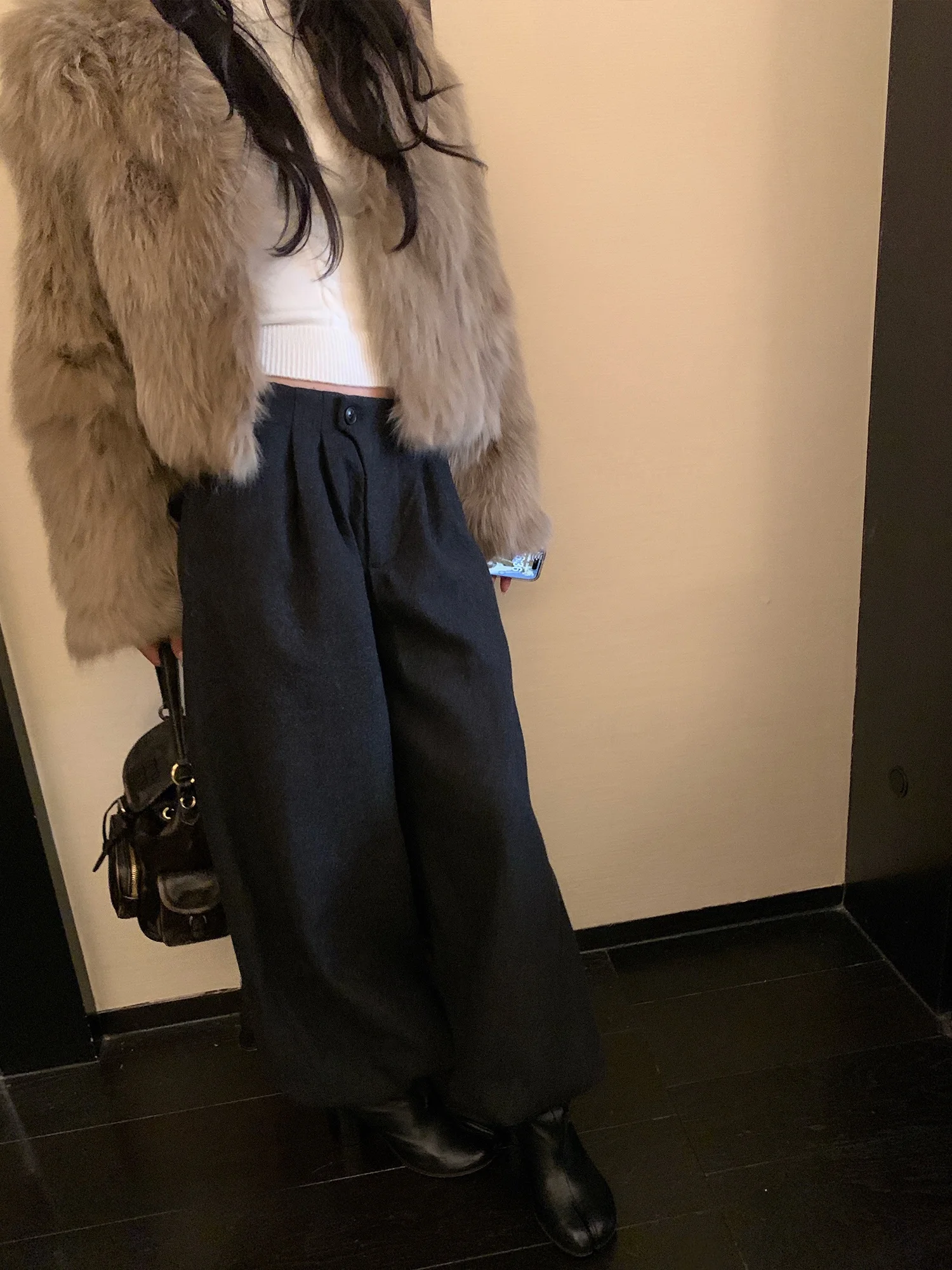 

SUONE 400g High Wool Content Loose Wide Leg Woolen Casual Pants Low Waist Thiened Winter Women's Faion Straight Cut