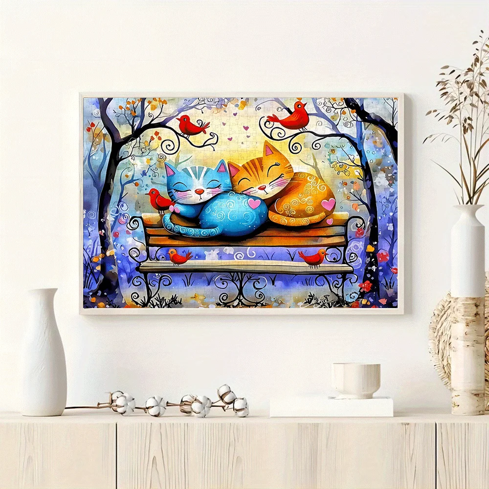 1000pcs Large Jigsaw Puzzle with Colorful Cats on Bench - Challenging Brain Suitable for Adults & Families, DIY Home Decor, Ca