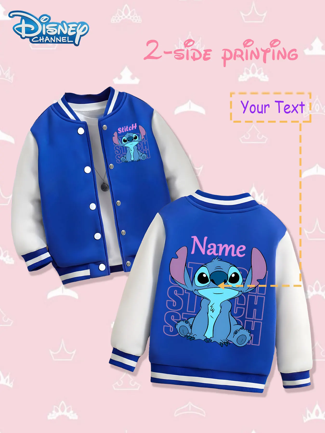 MINISO Disney Stitch cool children's baseball jacket - Stitch letter background shape is presented on both sides, red base and w