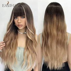 EASIHAIR Brown Blonde Ombre Long Curly Wig for Women Water Wave Synthetic Wigs with Bangs Silky Daily Party Hair Heat Resistant