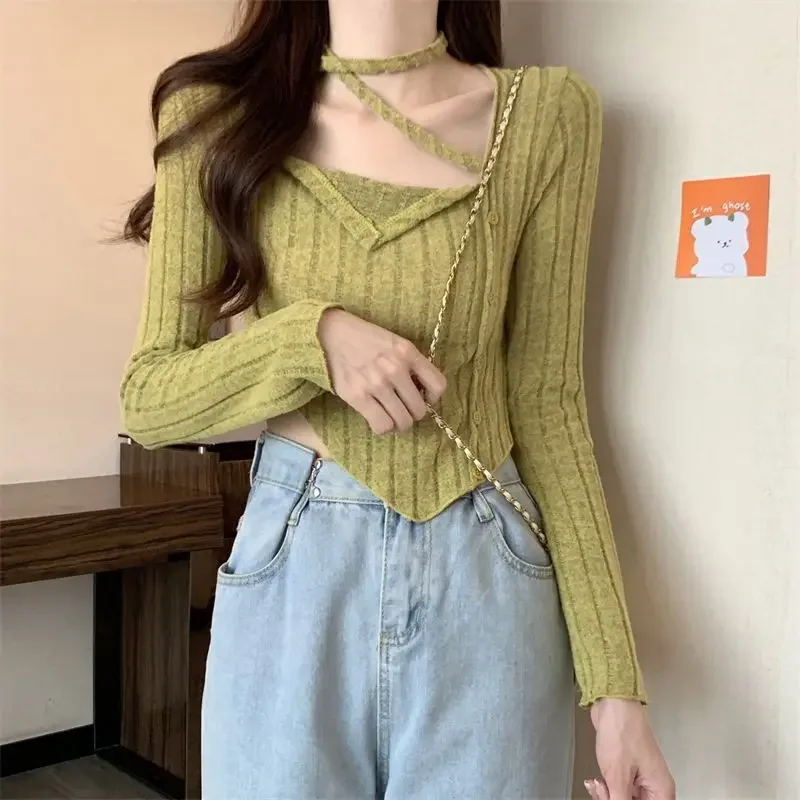 Irregular Hanging Neck Long Sleeved Knitted Sweater Women Autumn and Winter New Versatile Sweater Slim Fit Top