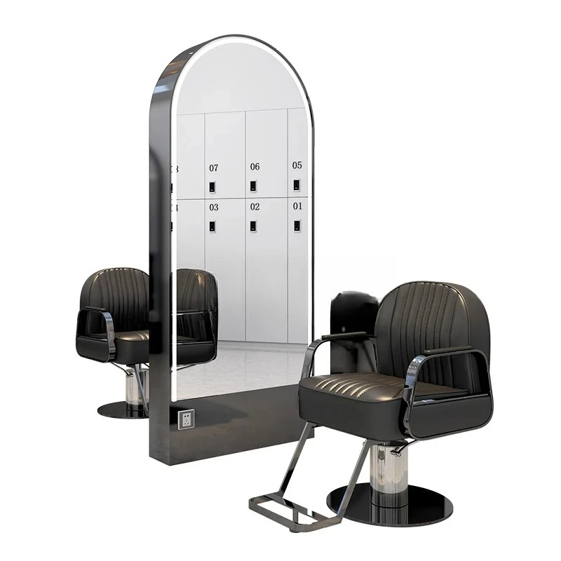 A  Hair salon mirror table Double-sided led floor-to-ceiling stainless steel barber shop mirror with light