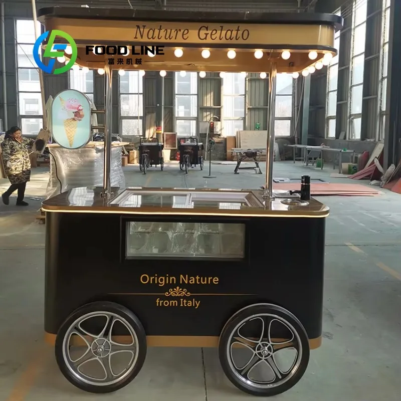 

Customized 2026 New Mobile Italian Ice Cream Hand Push Cart With Display Freezer Commercial Gelato Vending Stand