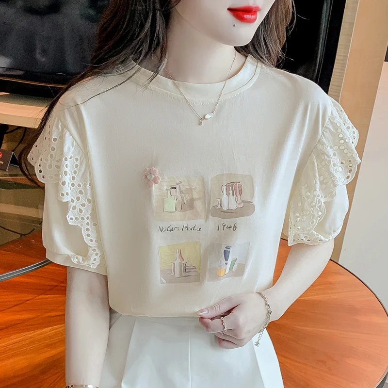 Cotton White Woman Tshirts O-neck Short Sleeve Ruffles Sweet T-shirt 2023 Shirts for Women Loose Casual Korean Tees Tops Female