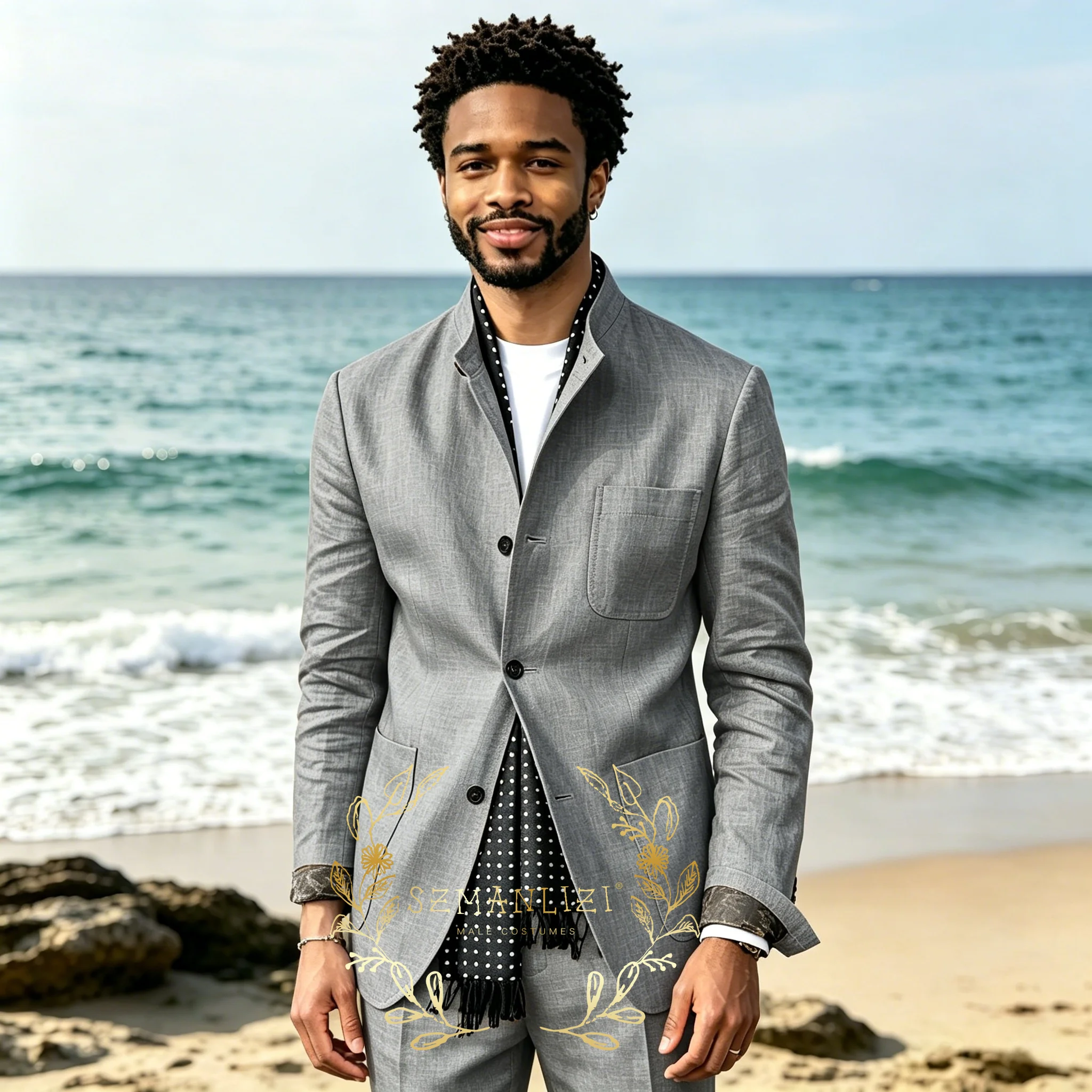 

Light Grey Linen Men Suits 2 Pieces Beach Wedding Stand Collar Jacket Pants Formal Groom Tuxedos Male Suits (Blazer+Pants)
