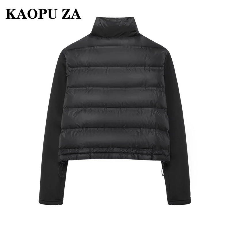 KAOPU ZA 2024 New Autumn Women\'s Chic Stand-Up Collar Zipper Jacket Ladies Vintage Black Splicing Outerwear Fashion Short Coat