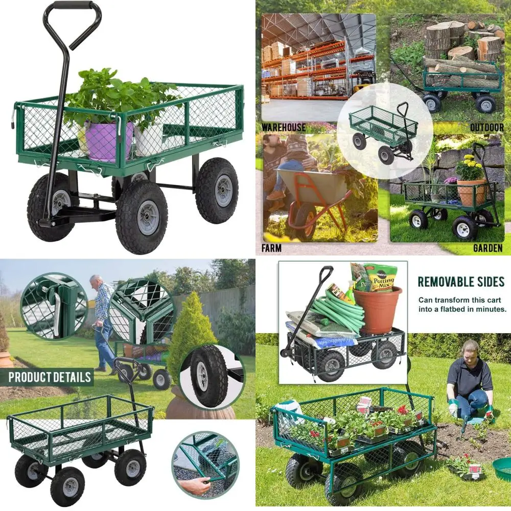

Heavy Duty Mesh Steel Garden Cart with 500lbs Capacity, Removable Sides, Folding Utility Wagon for Beach, Lawn, Yard Activities