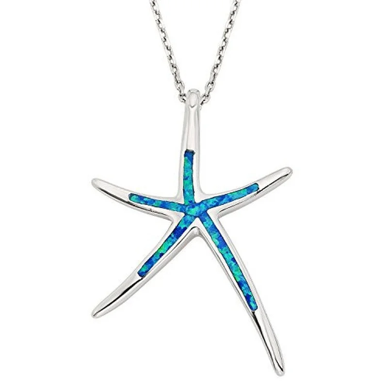 New Fashion Womens Silver wedding jewelry, Gold Tone or Rose  Created Blue, White  Pink Opal Starfish 18 Pendant Necklace