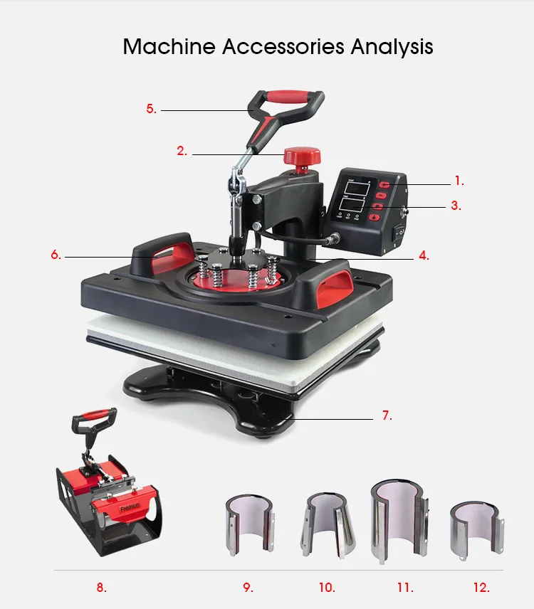 تتضمن آلة الضغط الحراري 9 في 1 سخان مضخة أساسي لنقل الحرارة على مكونات ألغاز القمصان والملابس