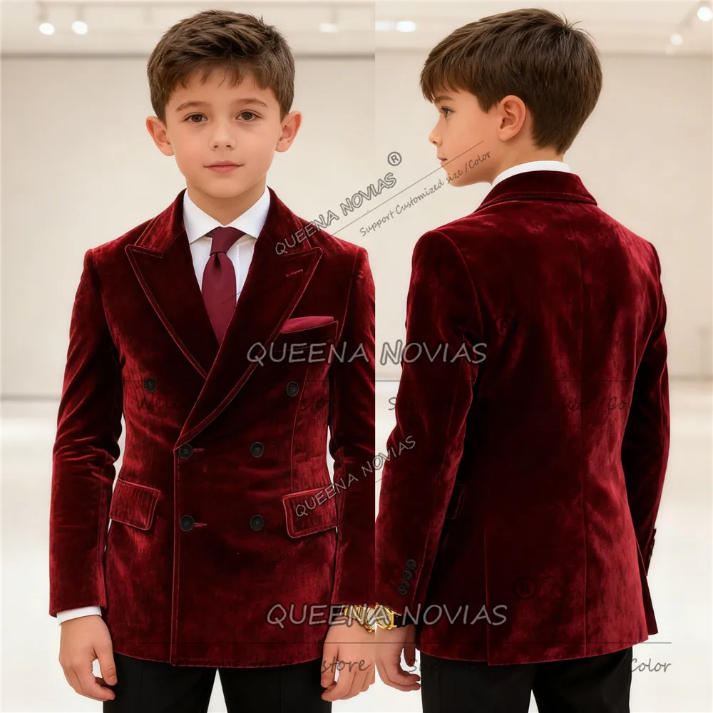 

Элегантный бордовый бархатный костюм для мальчиков на свадьбу, двубортный пиджак, брюки, детский смокинг из 2 предметов, индивидуальный костюм для девочек