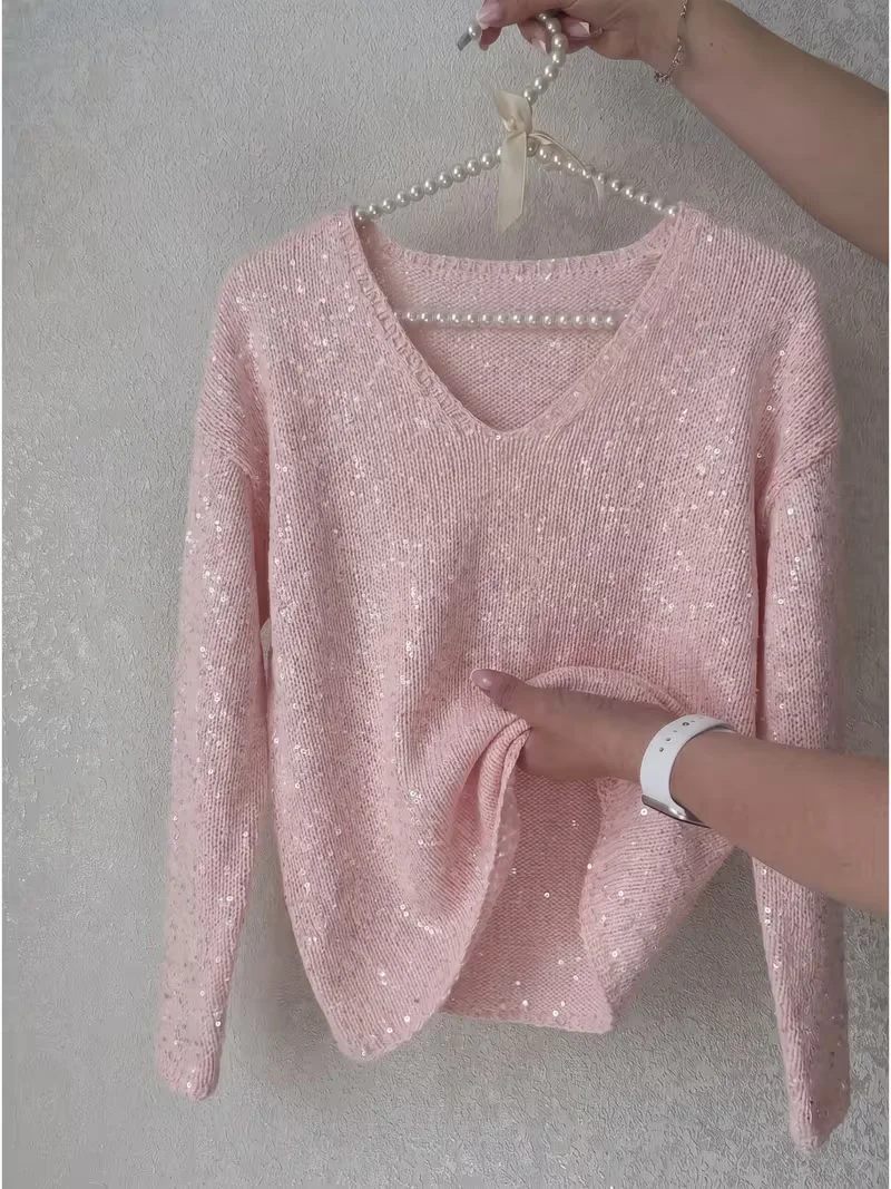 Elegant V-neck Sequin Knit Top for Women Soft Gentle Style Versatile for Work-from-Home Travel Casual Wear