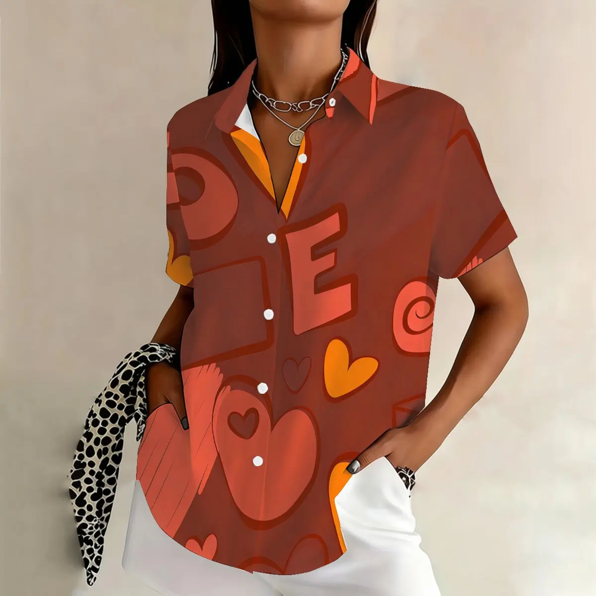 

Женская рубашка больших размеров с принтом в европейском и американском стиле, летняя, с воротником, универсальная, с короткими рукавами, для повседневной носки.