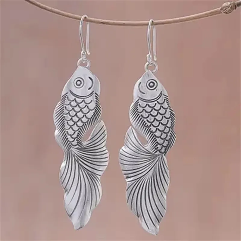Exquisite Goldfish Animal Earrings for Women Silver Color Dangle Earrings Jewelry