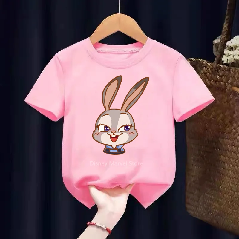 2024 Disney T-Shirt Chic Fashion Zootopia Rabbit Fox Cartoon O-Neck boys girl T-Shirt  Cotton Tee Short Sleeve Tops 6 Color