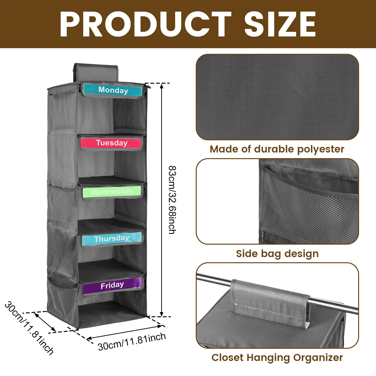 Weekly Clothes Organizer 5 Layer Days of The Week Clothes Storage Holder with Label & Side Pocket 30lbs Hanging Clothes Hanger