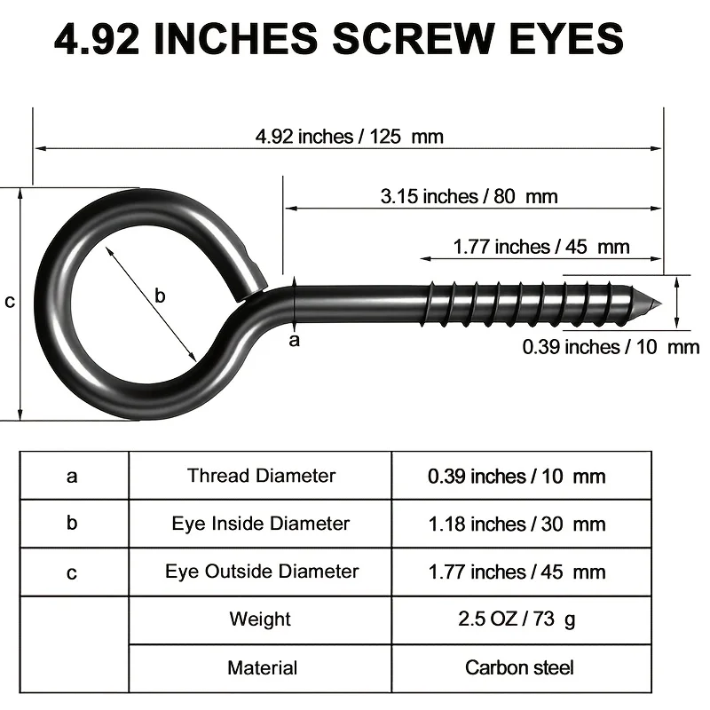 2pcs 5 Inch Eye Hook Screw Hook Heavy-Duty Black Large Screw Eye Hook for Suspension Fastening Applications Self-Tapping Screws
